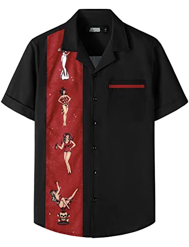 Retro Vibes Alert! JOGAL Men's Rockabilly Hawaiian Bowling Shirt