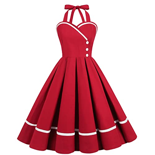 Retro Elegance: Vintage 1950s Rockabilly Swing Dress with Audrey Hepburn Style Halterneck