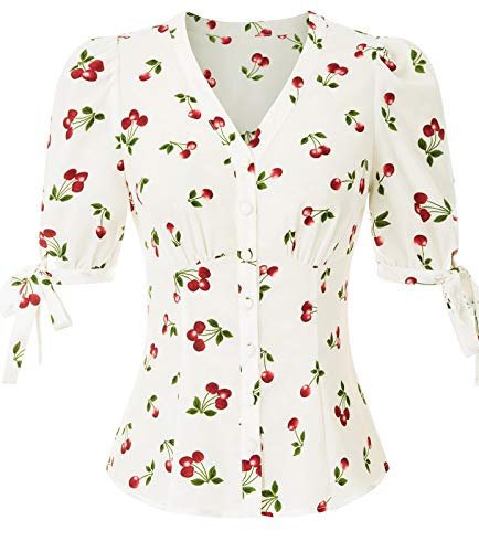 Cherry Delight Vintage V-Neck Puff Sleeve Blouse by Belle Poque