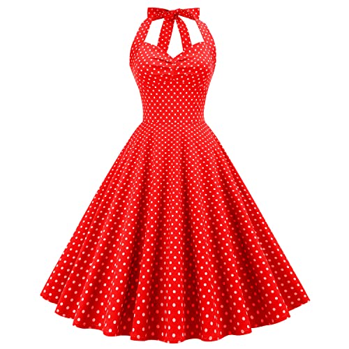 Retro Elegance: Vintage 1950s Rockabilly Swing Dress with Audrey Hepburn Style Halterneck