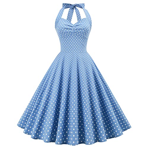 Retro Elegance: Vintage 1950s Rockabilly Swing Dress with Audrey Hepburn Style Halterneck