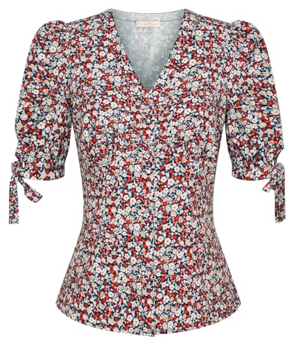 Cherry Delight Vintage V-Neck Puff Sleeve Blouse by Belle Poque